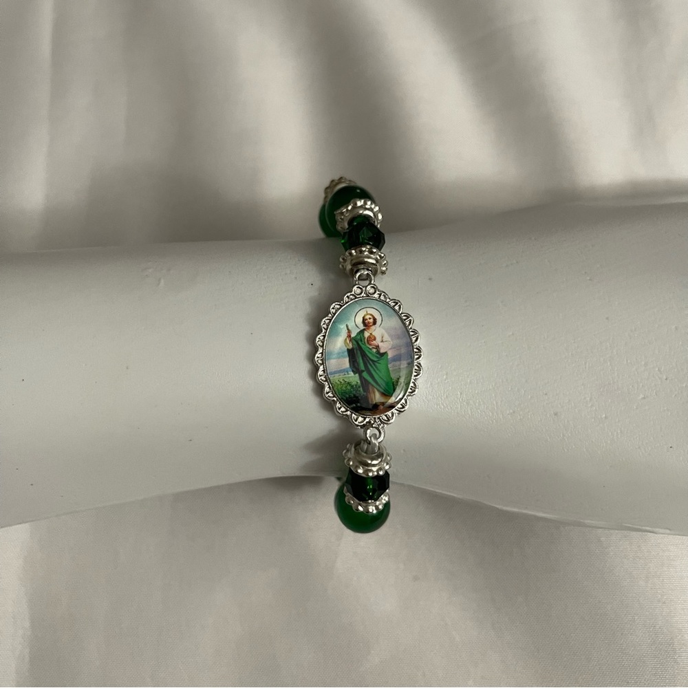 Green Saint Jude elastic bracelet / brazalete verde San Judas - Picture 3 of 4